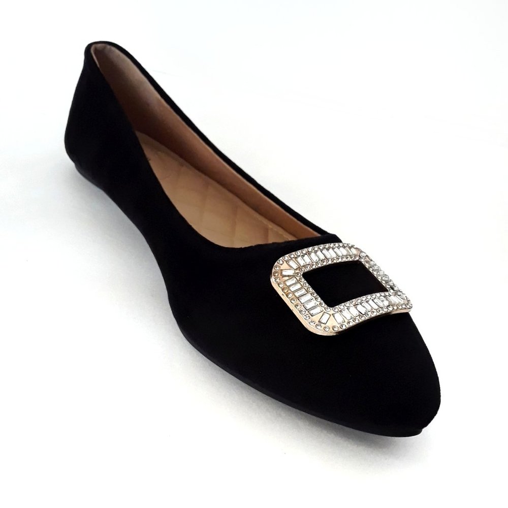 Black Velvet Rhinestone Buckle Pointed Toe Ballet Flats - Picture 8 of 15